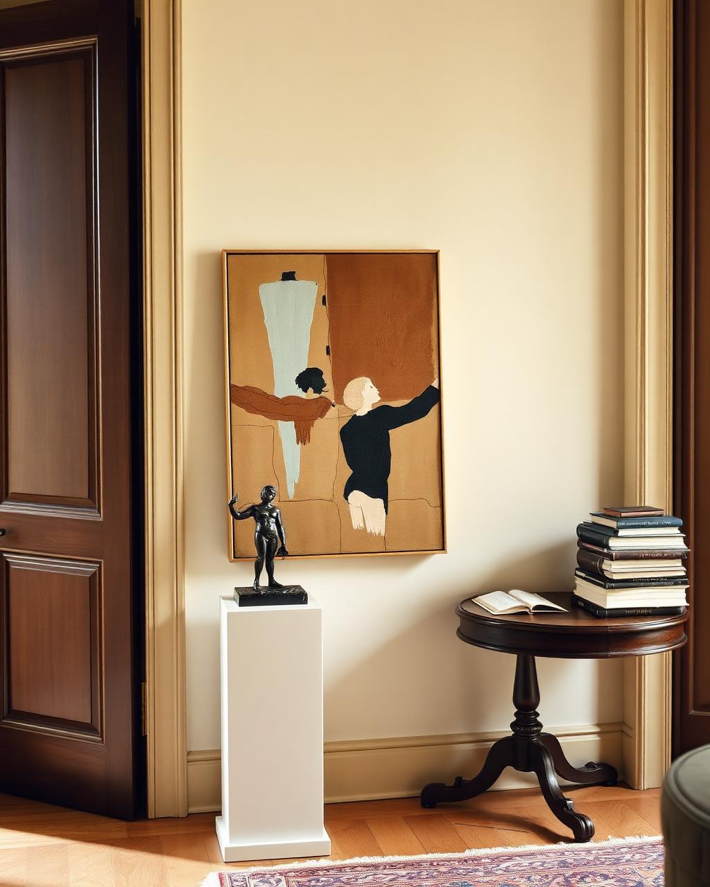 A home study corner with a contemporary painting, a small bronze sculpture on a plinth, an antique table and stacked books