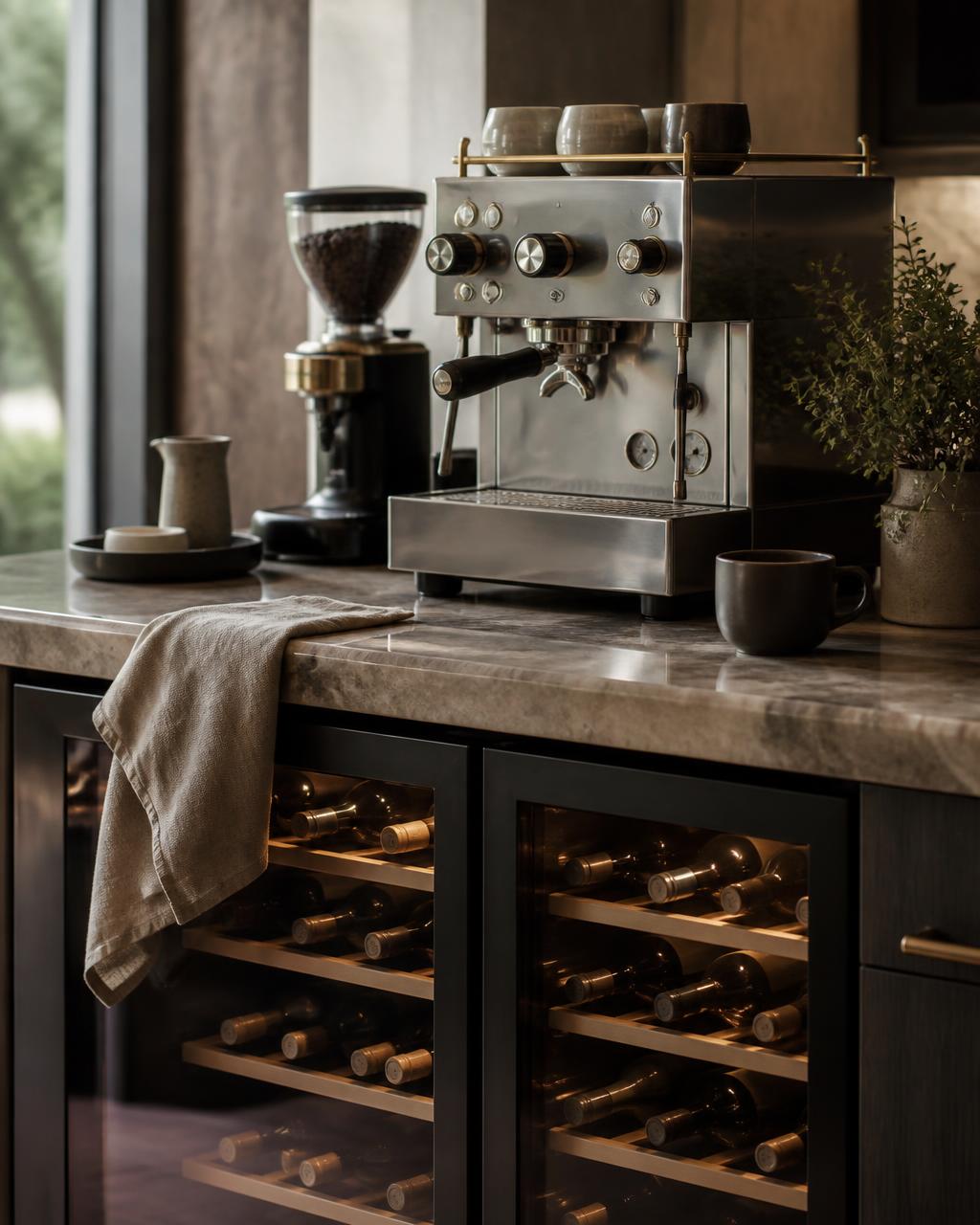 A close-up of a stone kitchen counter with an espresso machine and grinder above a glass-fronted wine fridge of racked bottles