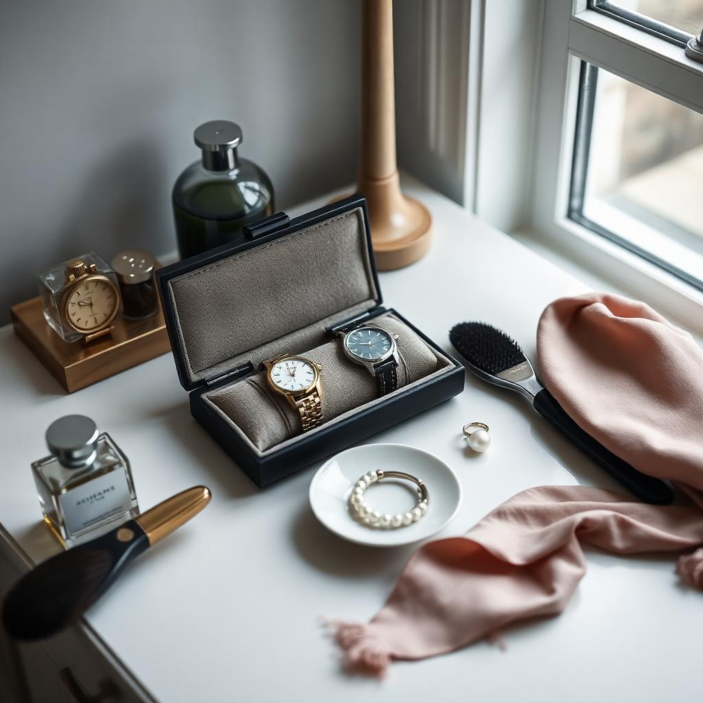A bedroom dressing table with an open watch roll, a dish of rings and a pearl bracelet, perfume and a silk scarf
