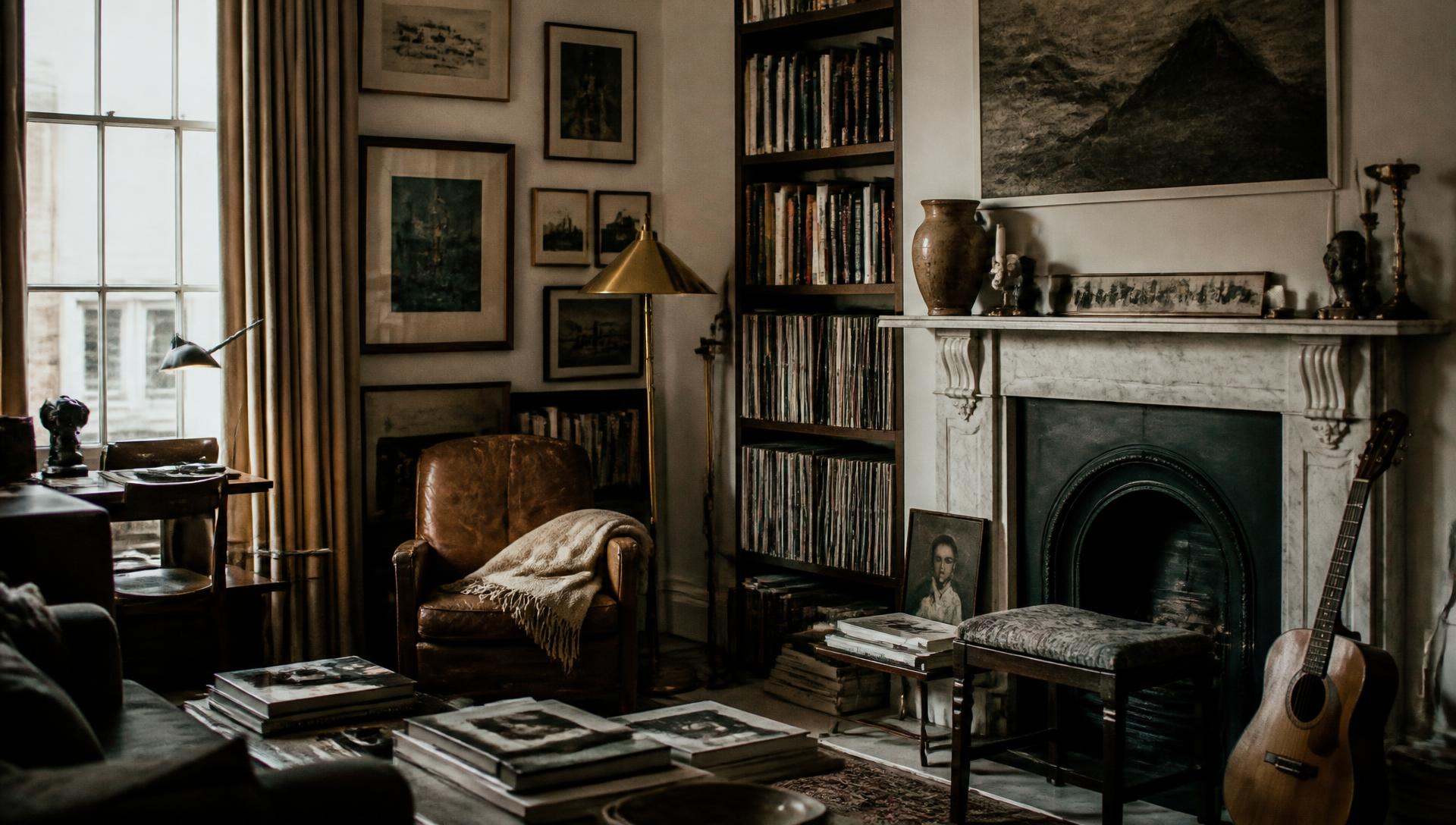 A lived-in London drawing room with layered furniture, framed pictures hung salon-style, shelves of books and records, a brass lamp and a guitar resting by the fireplace