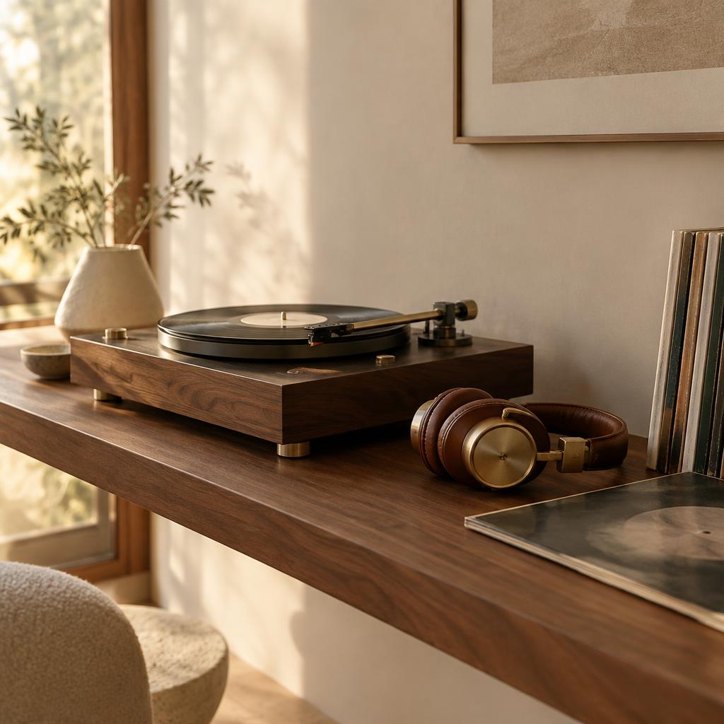 A turntable and leather headphones on a walnut shelf in warm light