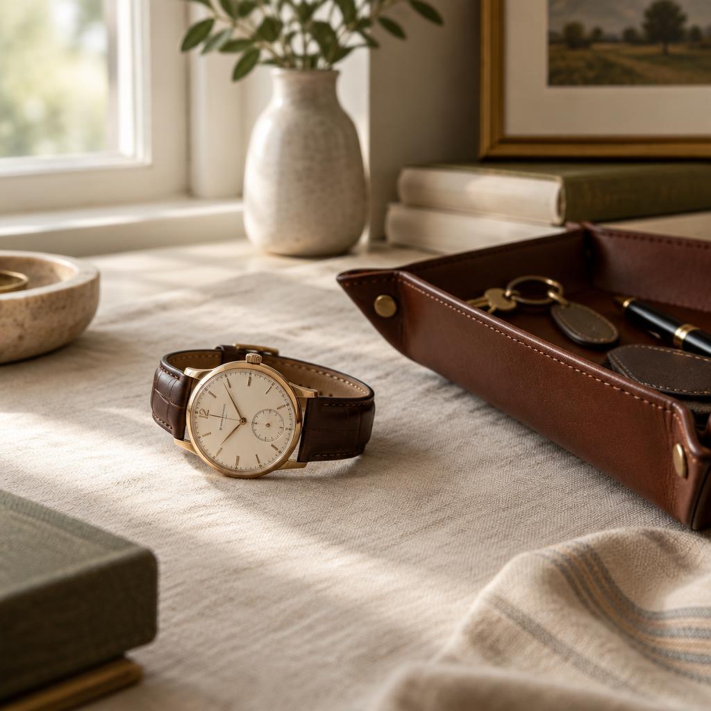 A watch laid down on a dressing table